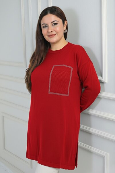 By Saygı Women's Front Single Pocket Stone Print Detailed Plus Size Knitweartunic Blouse