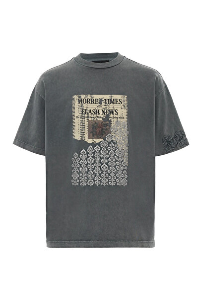MORREZ Flash News Antrasit Yıkamalı T-Shirt