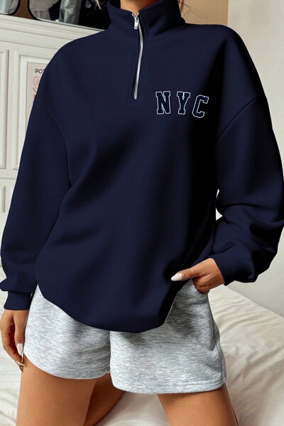 MODAGEN Unisex Yarım Fermuar Dik Yaka Lacivert NYC Baskılı Oversize Sweatshirt