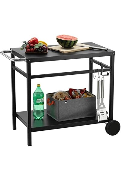 Lawazim Two-Tier Mobile Serving Cart with Hooks and Side Handle – Outdoor BBQ & Patio (Lawazim)