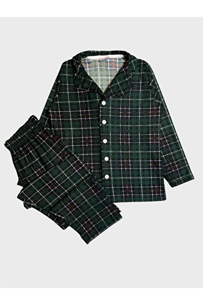 tusem butik homewear Boys' Cotton Suede Fabric Green Plaid Pattern Long Sleeve Shirt Collar Buttoned Pajama Set