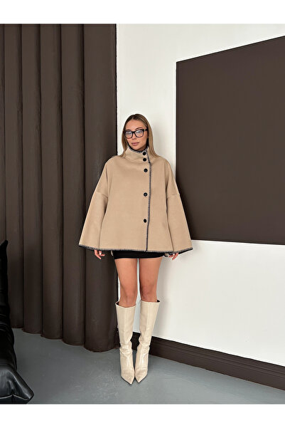 LE CARAMBOLE Γυναικείο μπουφάν μπεζ Shepherd's Stitched ψηλός λαιμός oversized Cashmere