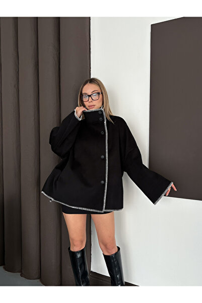 LE CARAMBOLE Γυναικείο μαύρο μπουφάν με ραφές ψηλός λαιμός oversized Cashmere