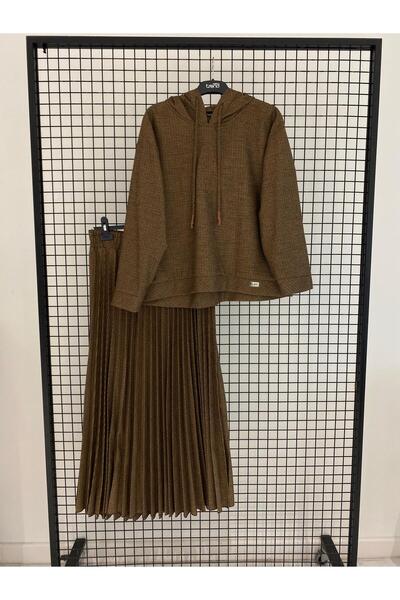 Armine TREND New Season Hooded Patterned Sweatshirt and Pleated Skirt with Elastic Waist Top and Bottom Set