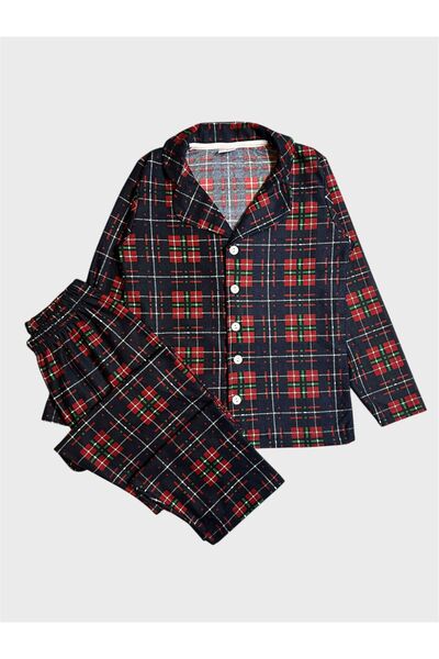 tusem butik homewear Boys' Cotton Suede Fabric Navy Blue Burgundy Plaid Patte...