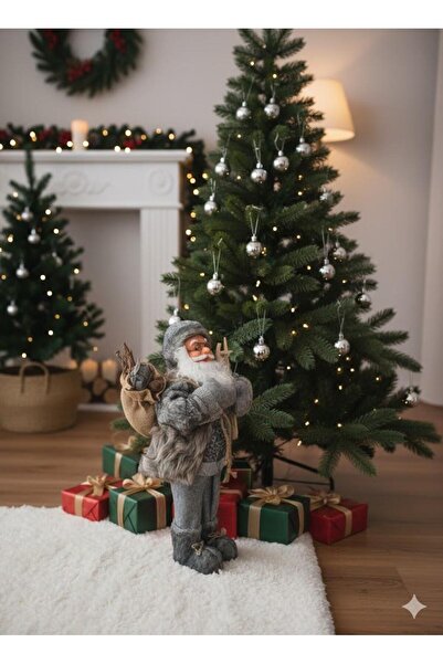 Genel Markalar Yılbaşı Noel baba 60cm Kayak Takımlı Gri Kürklü Çuvallı