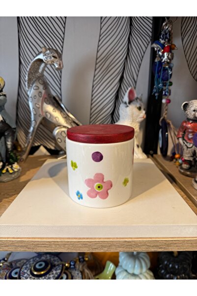 Atak Hediyelik Seramik çiçek desen kavanoz şekerlik ahşap kapak 10x10 cm