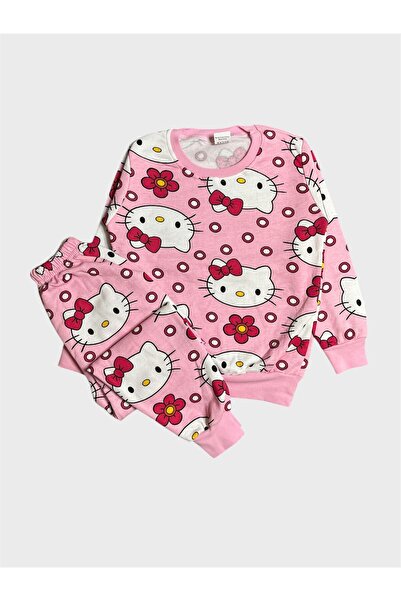 tusem butik homewear Girls' Cotton Fleece-Lined Pink Buckle Cat Patterned Long Sleeve Winter Pajamas Set