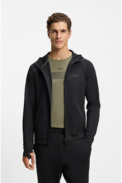 BOSS Men's Regular Fit Hooded Long Sleeve Flexible Fabric Black Sweatshirt 50531224-001