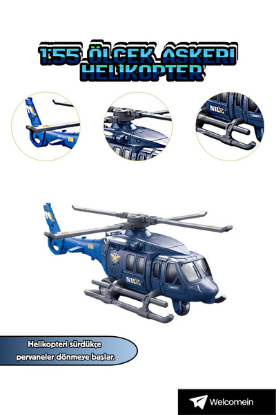 welcomein 1:55 Ölçek Mavi Black Hawk Askeri Helikopter Model Çek Bırak Diecas...