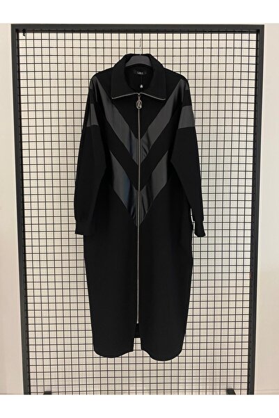 Armine TREND New Season Turtleneck Full Zip Leather Striped Cardigan with Pockets