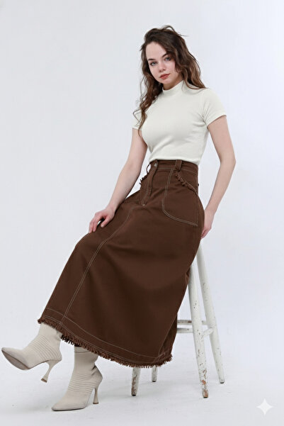 Atölye Güven Brown Tasseled 100% Cotton Special Design Long Bell Skirt