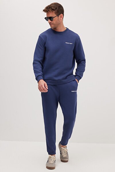 Tudors Чоловічий Relax Fit бавовняний 3-нитковий м'який трикотаж з флісовою підкладкою, велосипедний комір, темно-синій спортивний костюм