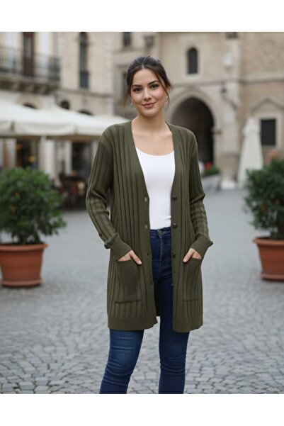 güncüoğlu Long Sleeve Pocketed Length 75cm Buttoned Cardigan