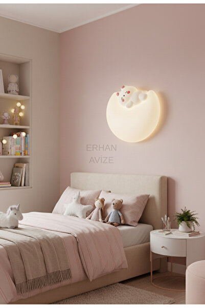 Aurellia Sevimli Ayıcık Figürlü Kız Çocuk Odası Aplik Uzaktan Kumandalı 3 Renk Işık ve Gece Modu Duvara Monte