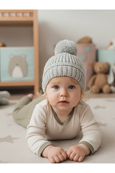 Butik قبعة تريكو رمادية اللون للأطفال من عمر 0-1 سنة – للجنسين، موديل شتوي دافئ