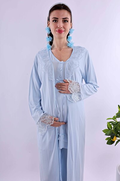 ByLohusa Effortt Maternity Maternity Pajama Set with Blue Dressing Gown