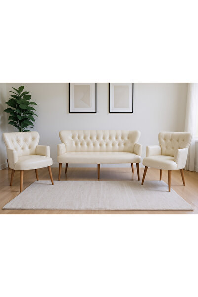 Azra Mobilya Krem Deri Chester Tarz Koltuk Takımı Modern Tasarım, Dayanıklı A...