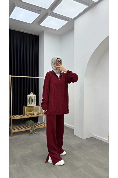 Minharir Basic Zipper Detailed Knitwear Set Comfortable Fit Stylish Hijab Two-Piece Set