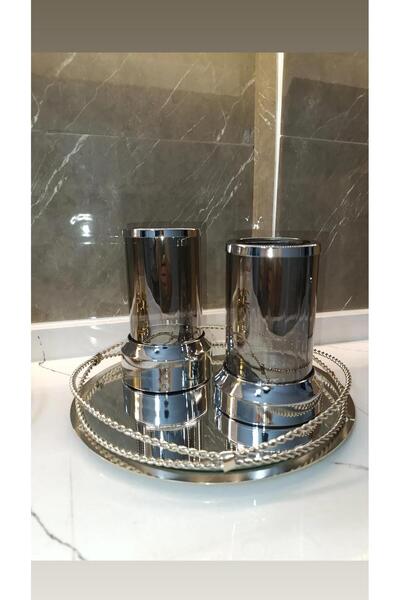 Çiçekdekor Gold metal tepsi ve 2 Li mumluk