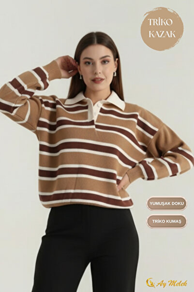 AYMELEK Women's Knitwear Sweater Polo Neck Striped Short Transitional Sweater