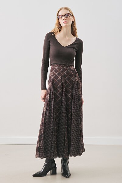 Manuka Plaid Patterned Chiffon Skirt Brown