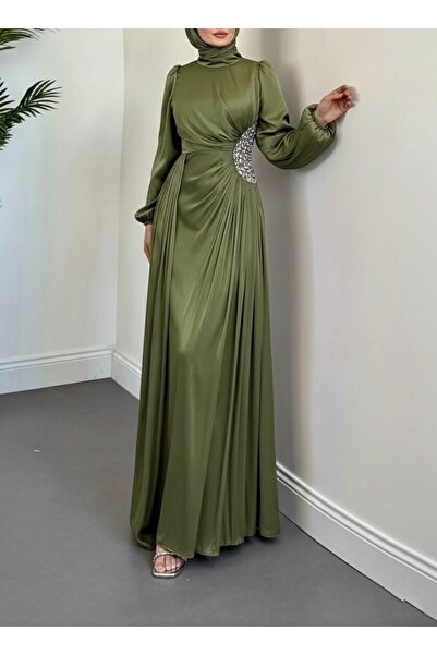 Modamorfo Lined Janjan Evening Dress with Elastic Sleeves and Stone Detail - Khaki