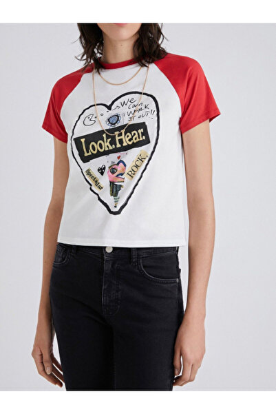 Desigual White and red T-shirt with detachable chain detail