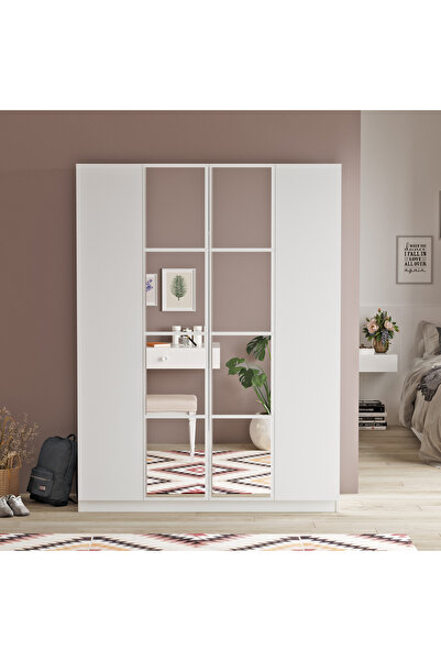 Robin Home Montana 4 Kapaklı Çekmeceli Aynalı Gardırop Elbise Dolabı MO2-W