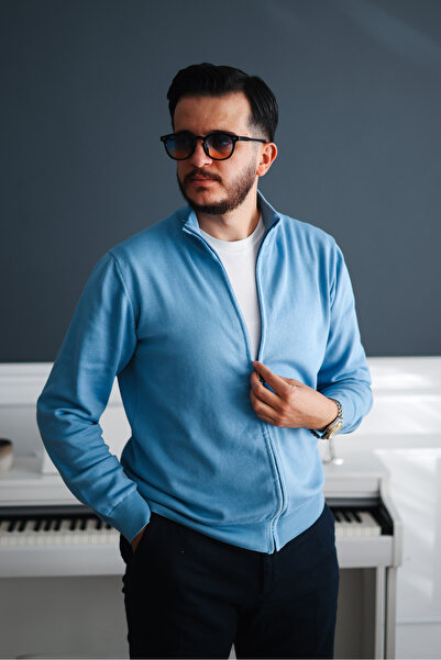 Avni Ceylan Men's Sky Blue Casual Zippered Cardigan