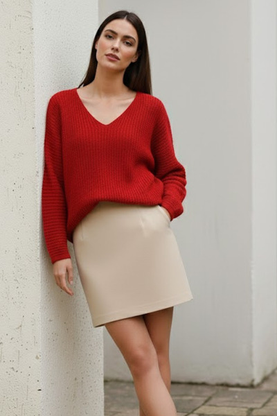 Marvine Women's Red V-Neck Comfortable Fit Knit Sweater