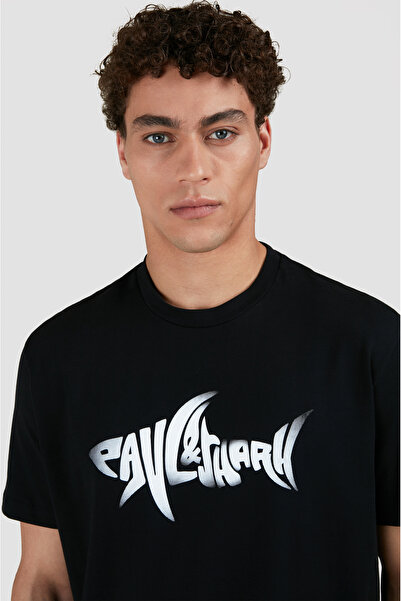 PAUL&SHARK Tricou negru cu mânecă scurtă, cu gât rotund, din bumbac, cu imprimeu de rechin, pentru bărbați 25411041-011