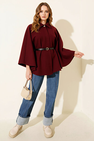 Kirazgym Women's Belted Shirt Collar Cashmere Poncho