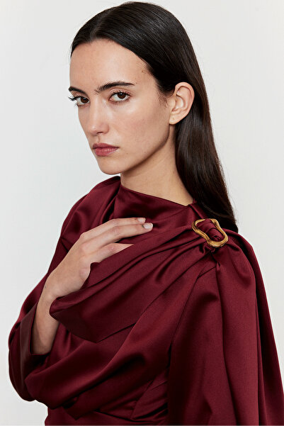 FACETTE Shawl Detail Satin Mini Dress Burgundy