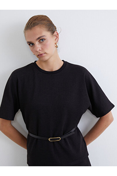 LC Waikiki Black Crew Neck Belted Blouse