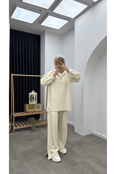 Minharir Basic Zipper Detailed Knitwear Set Comfortable Fit Stylish Hijab Two-Piece Set