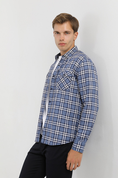 Smc by Semco Collar Buttoned Long Sleeve Snap Closure Double Pocket Flap Koton Plaid Men's Shirt
