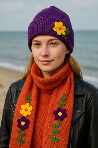 Gönülden Tasarım Hand Knitted Flower Embroidered Women's Scarf and Beanie Set