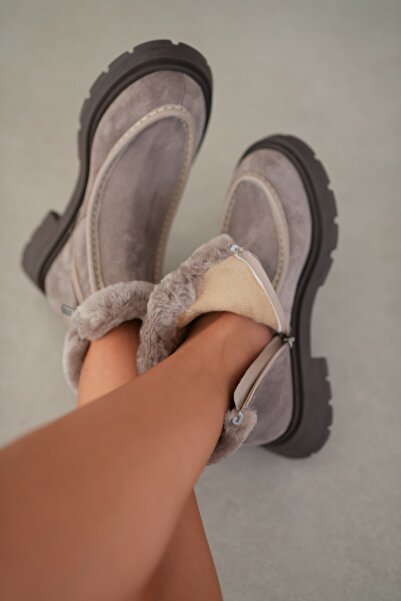 selin shoes Γυναικείες μπότες από γνήσιο δέρμα Corine με λεπτομέρεια από γούνα και φερμουάρ στο πλάι - ΓΚΡΙ ΣΟΥΕΤ