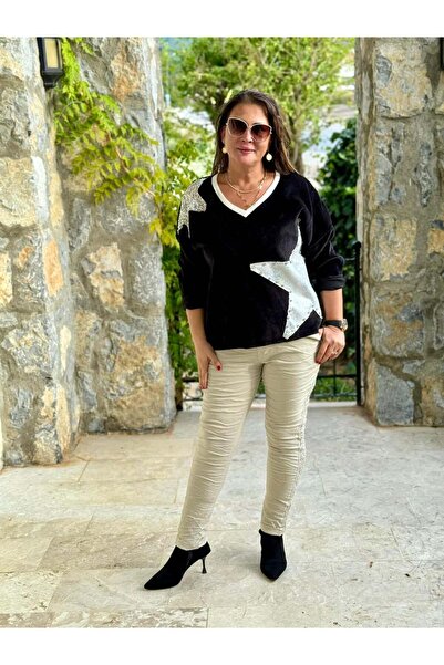 Punta Otantik LS1220 Ιταλική βελούδινη μπλούζα με μοτίβο αστεριών μαύρη