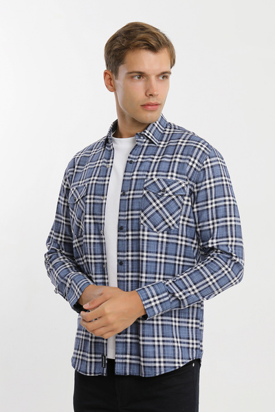 Smc by Semco Collar Buttoned Long Sleeve Snap Closure Double Pocket Flap Koton Plaid Men's Shirt