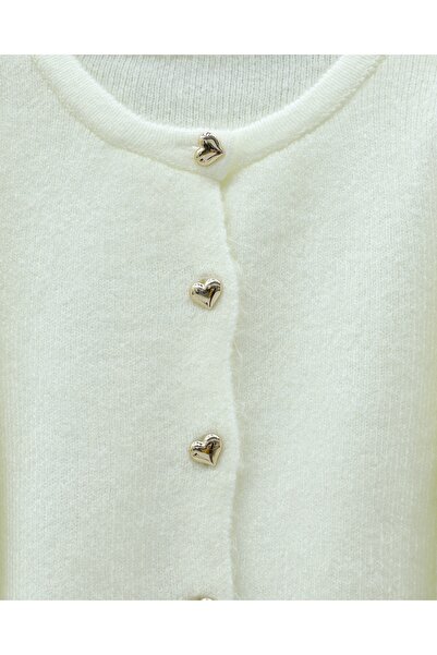 Modamorfo Heart Buttoned Sleeve Fringed Knitwear Cardigan - Ecru