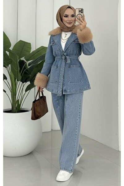 Hb Harma Time Butik Women's Belted Fur Detailed Pocketed Double Open Denim Blue Suit