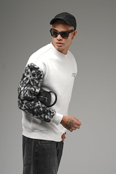 Butik Trend Biz Sleeve Plush Back Printed Crew Neck Oversized Sweatshirt