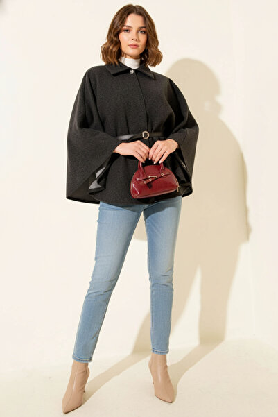 Kirazgym Women's Belted Shirt Collar Cashmere Poncho