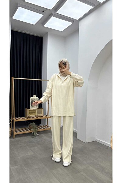 Minharir Basic Zipper Detailed Knitwear Set Comfortable Fit Stylish Hijab Two-Piece Set