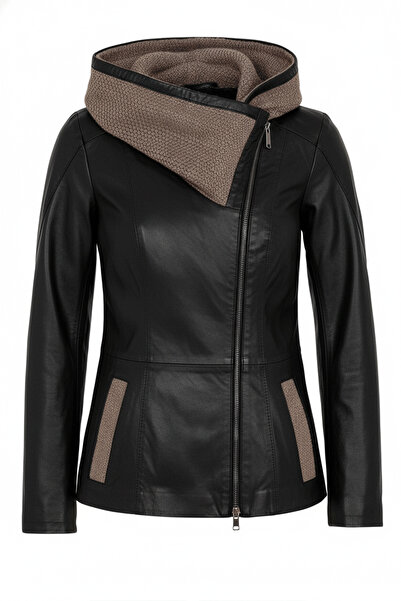 Deriderim Black Antonia Knitwear Hooded Women's Genuine Leather Coat