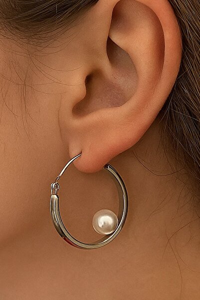 TAKIŞTIR Silver Color Pearl Detailed Steel Hoop Earrings (Pair)