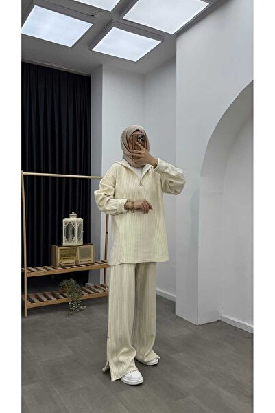 Minharir Basic Zipper Detailed Knitwear Set Comfortable Fit Stylish Hijab Two-Piece Set