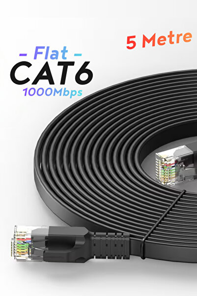 Rever CAT6 Ethernet Kablosu (5 Metre) Flat Tasarım 1000Mbps Fabrikasyon Modem ile PC arası LAN Kablosu